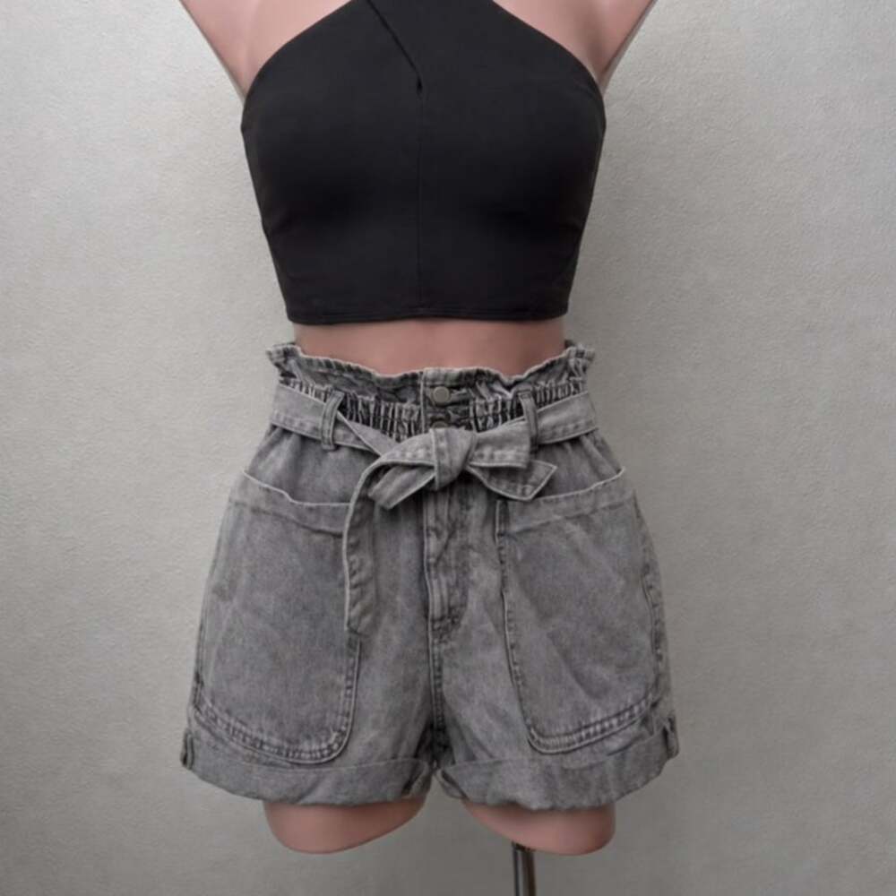 Zara Gray Paperbag High Rise Belted Denim Shorts Women’s US 4